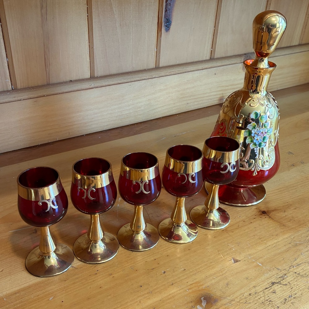 Vintage Ruby Red Murano Handblown Glass Decanter Set 24 Karat Gold - Picture 5 of 10
